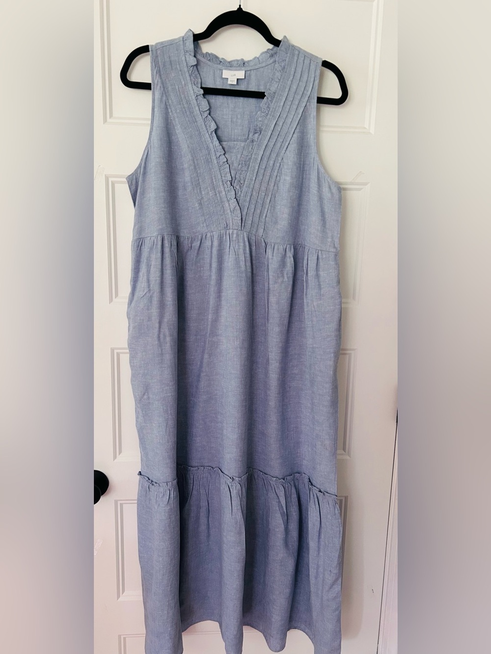 J.Jill Blue Linen Blend Ruffle Trim Tiered Midi Dress M Scandi Minimal Coastal - Picture 2 of 8